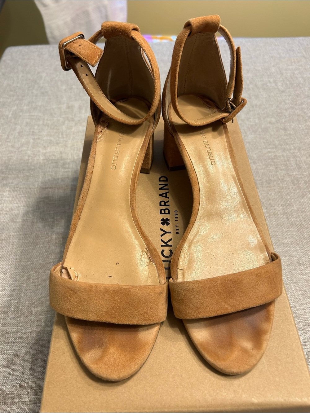 Women's Tan Suede Ankle Strap Block Heel Sandals